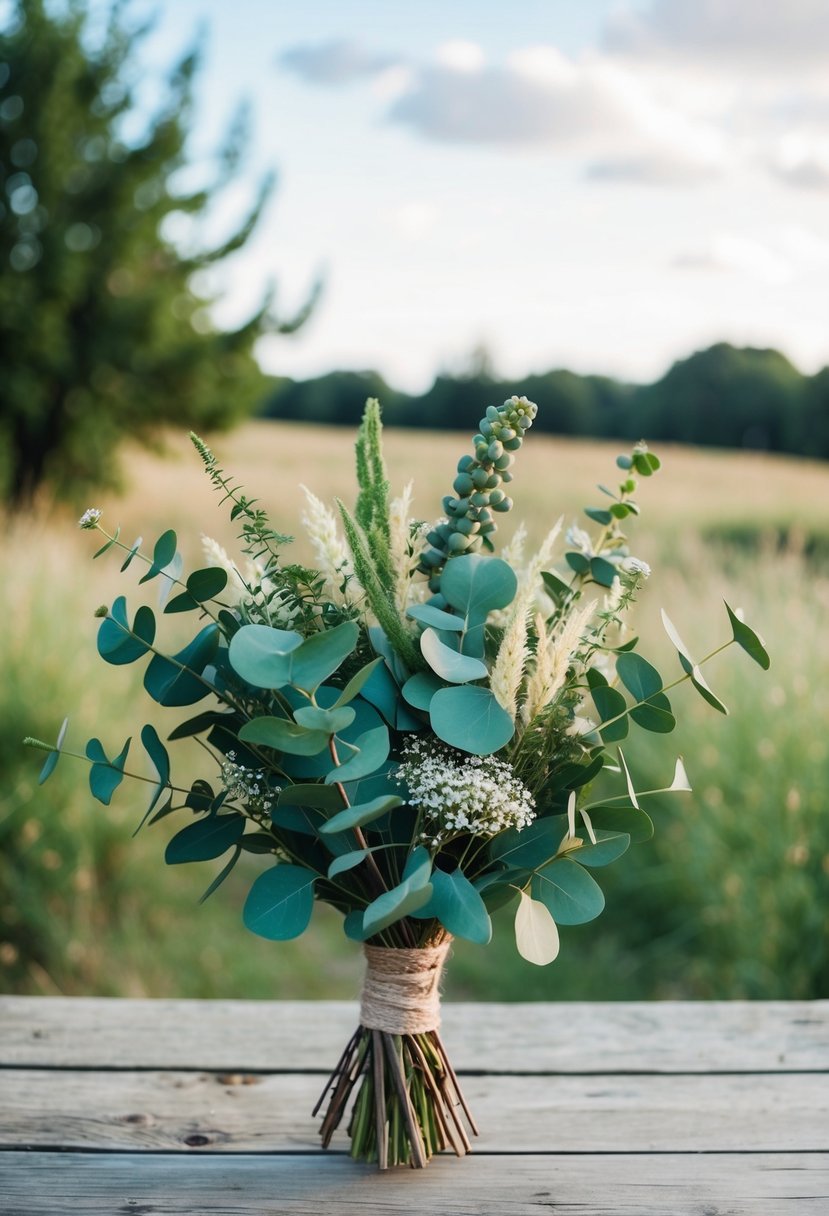 A rustic bouquet of eucalyptus and wildflowers, set against a countryside backdrop