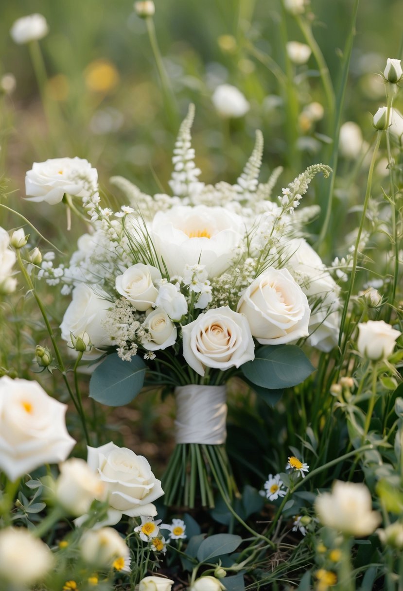 A delicate white wedding bouquet surrounded by wildflowers and white roses, with a whimsical and romantic feel