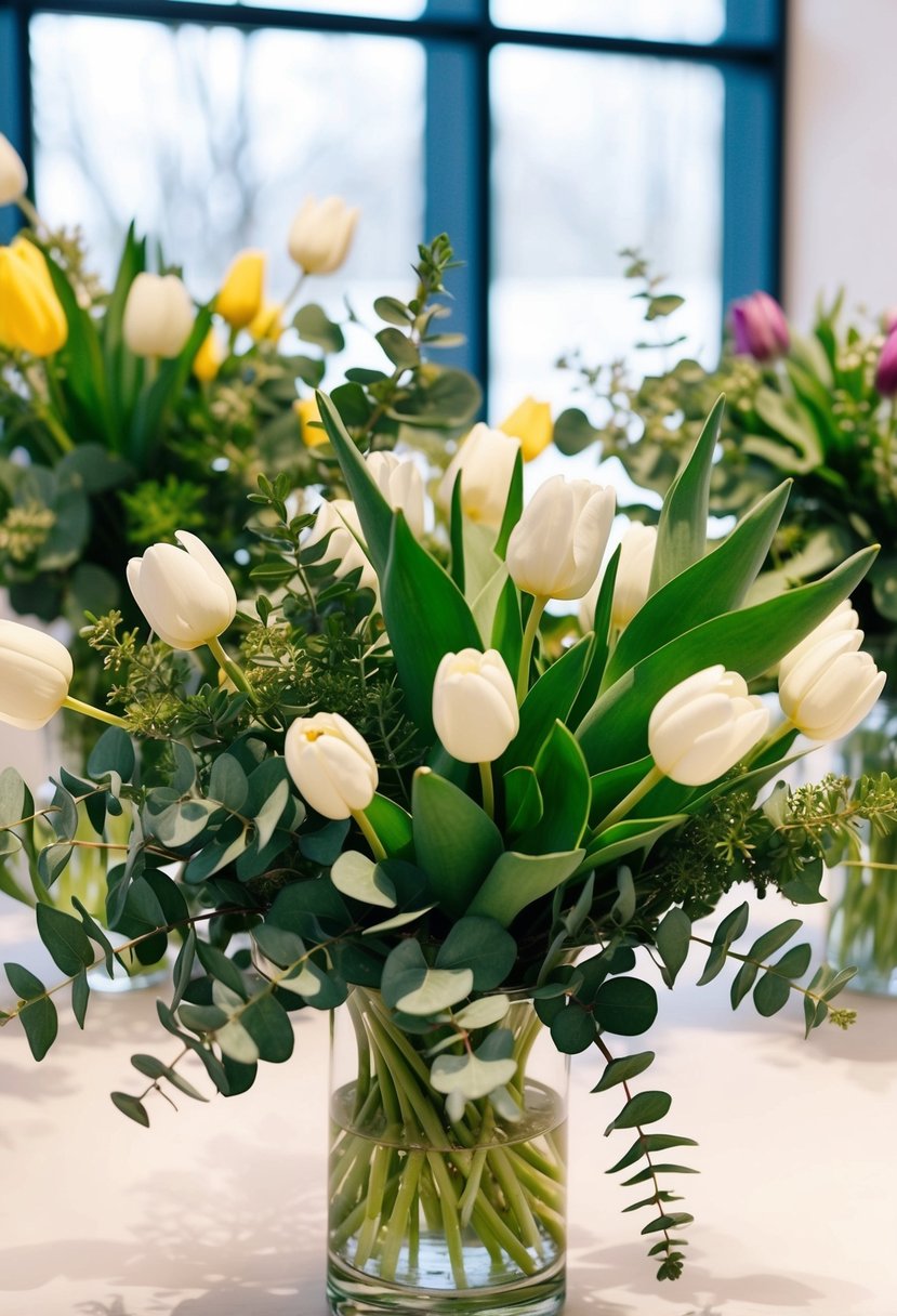 A lush bouquet of eucalyptus and tulips, arranged in a delicate springtime display