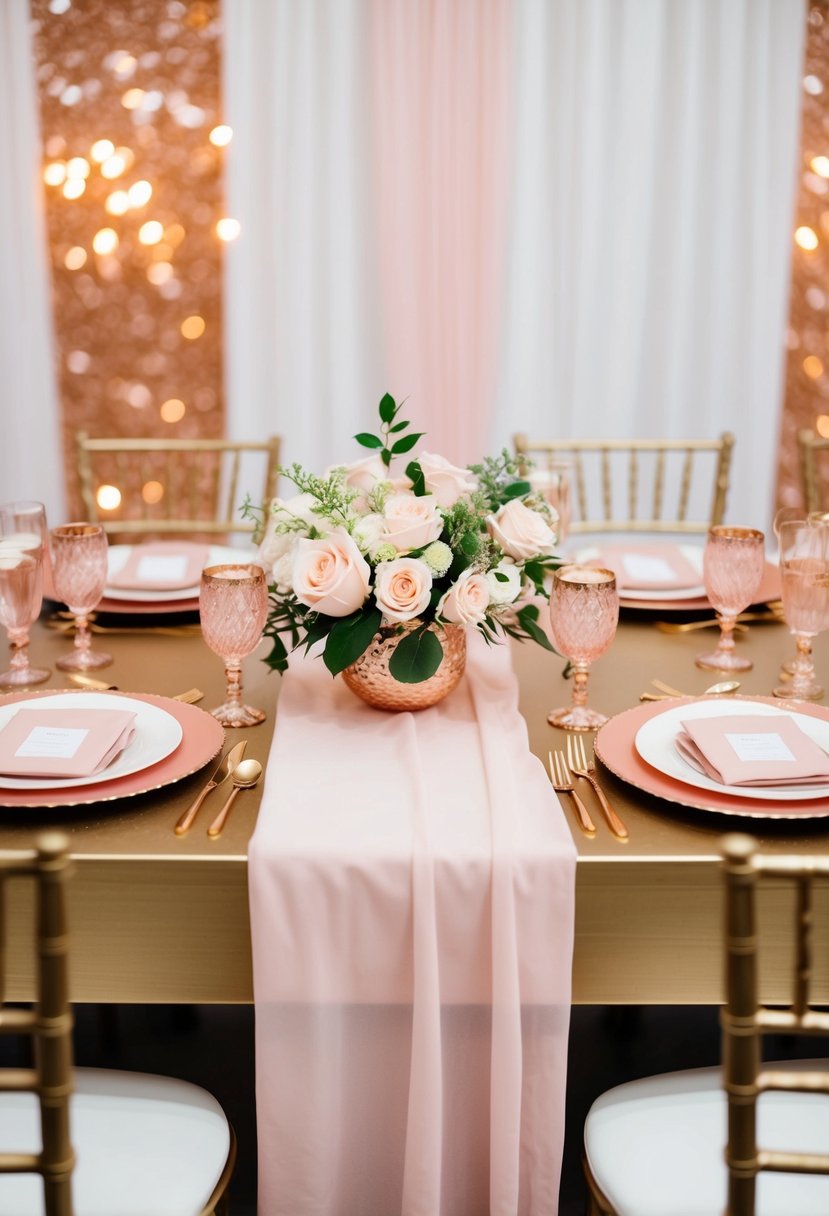 A table set with rose gold and light pink accents for a romantic wedding reception