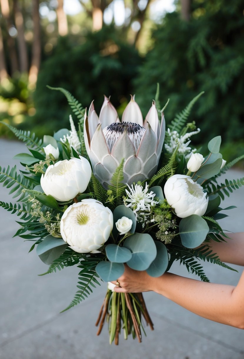 A lush, eco-friendly king protea arrangement with white flowers, ferns, and eucalyptus in a modern, minimalist wedding bouquet