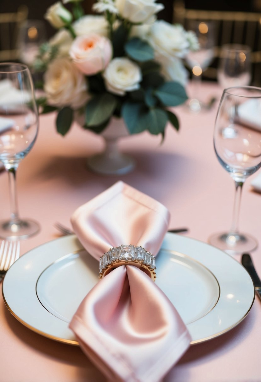 A table set with light pink silk napkin rings, adding a delicate touch to a wedding reception decor