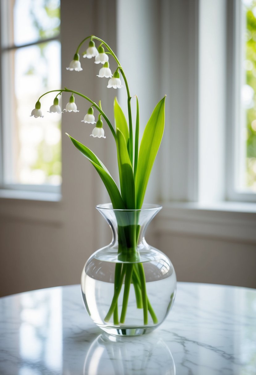 A single stem of lily of the valley in a clear glass vase on a white marble table, with soft natural light streaming in from a nearby window