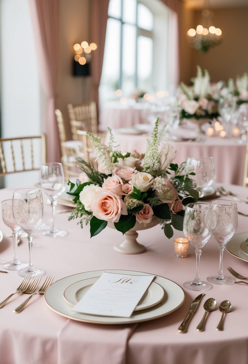 A table set with pale pink linens, adorned with delicate floral centerpieces and sparkling glassware for a romantic wedding reception