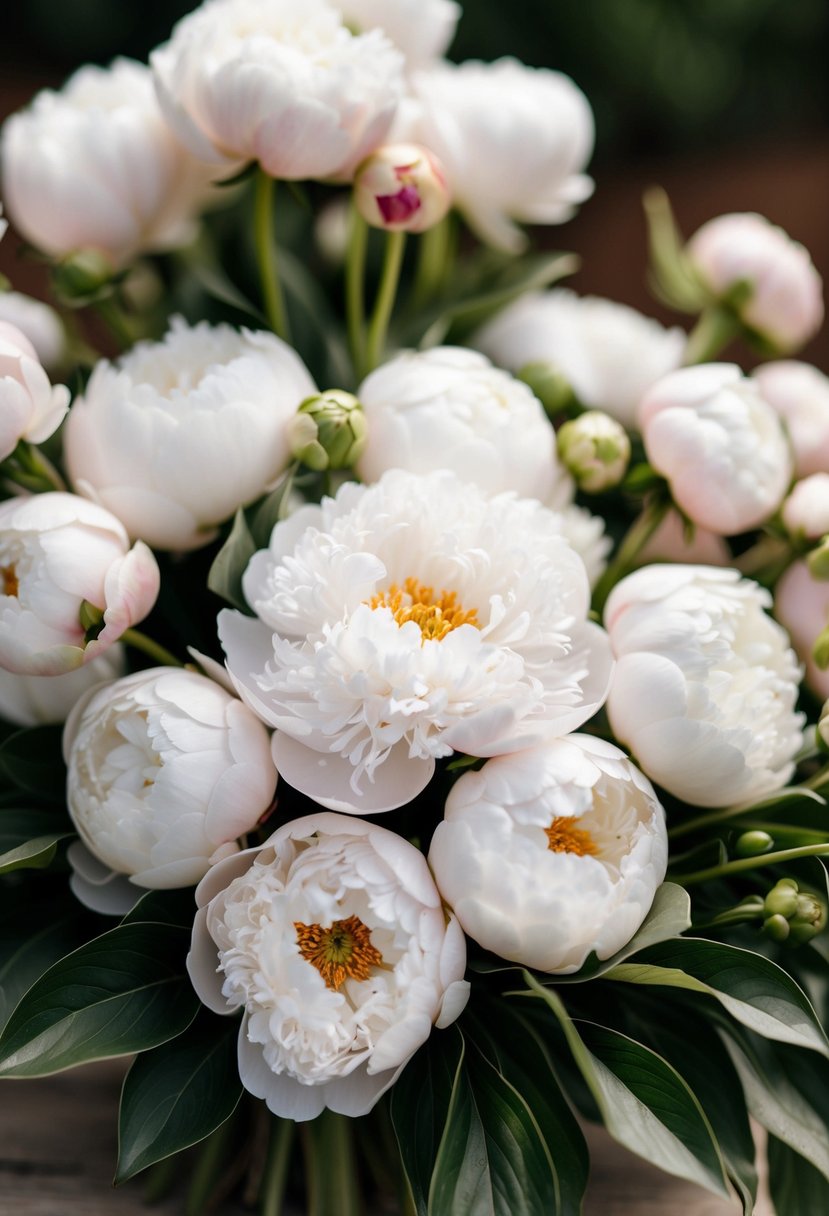 A cluster of timeless white peonies arranged in a delicate wedding bouquet