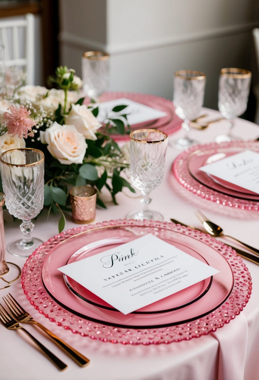 A table set with pink crystal charger plates, adorned with delicate wedding decorations