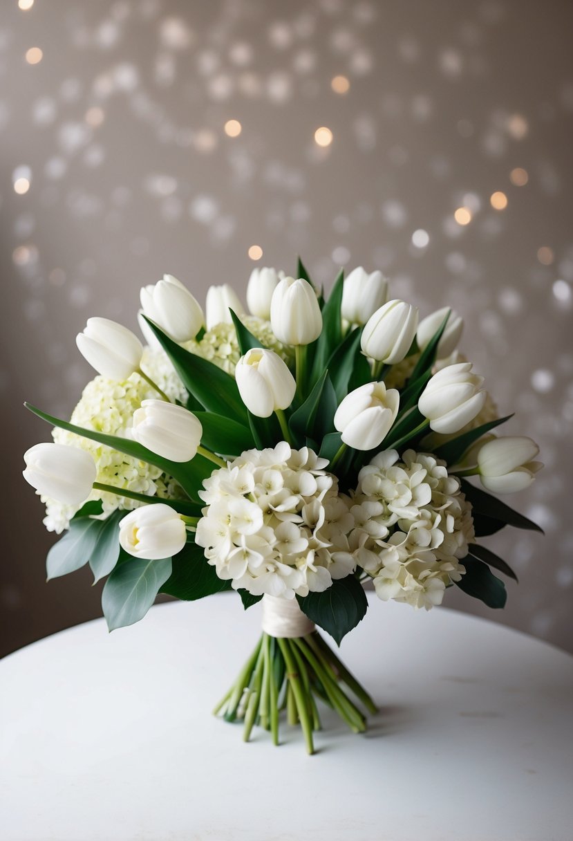 A modern white wedding bouquet with a mix of tulips and hydrangeas, arranged in a unique and elegant style