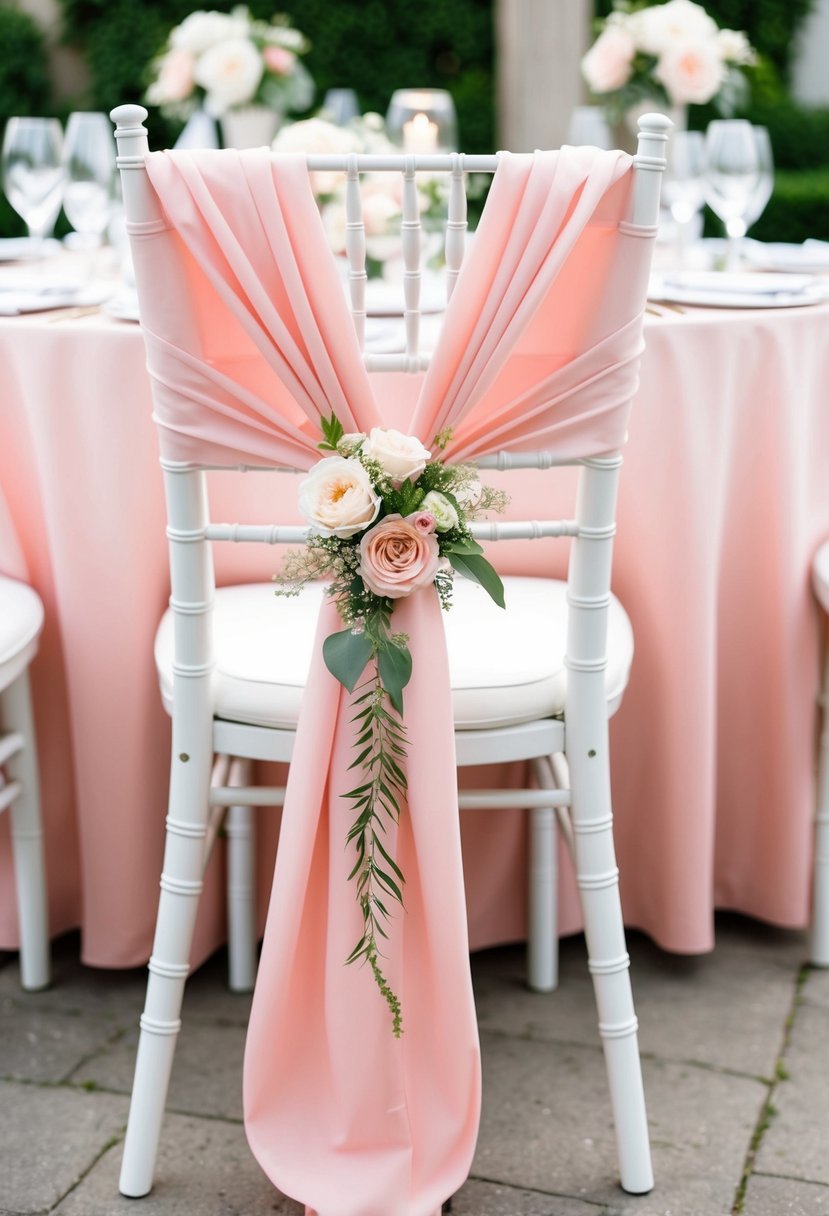 Light pink floral chair sashes draped over white chairs at a wedding reception table