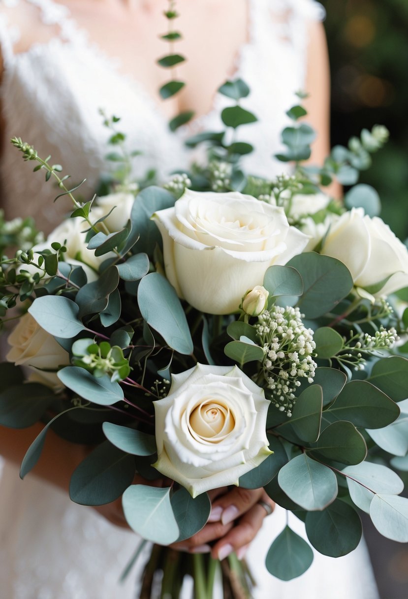 A classic white rose and eucalyptus wedding bouquet, elegantly arranged with delicate greenery and soft petals