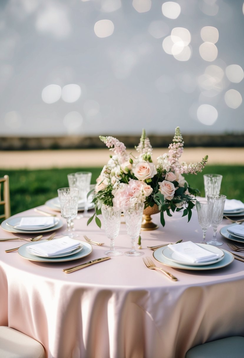 A table set with light pink satin tablecloths, adorned with delicate floral centerpieces and sparkling glassware