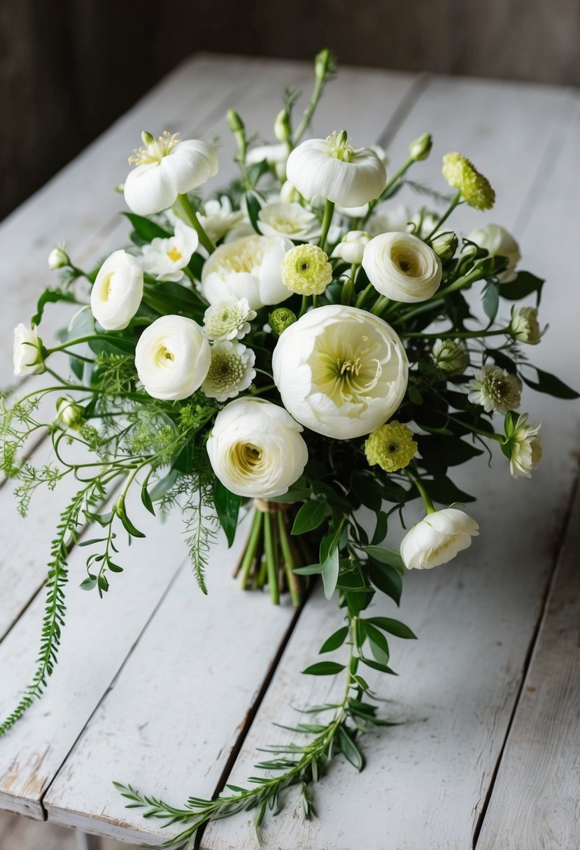 A delicate bouquet of vintage white Lisianthus and Ranunculus, accented with trailing greenery, rests on a weathered wooden table