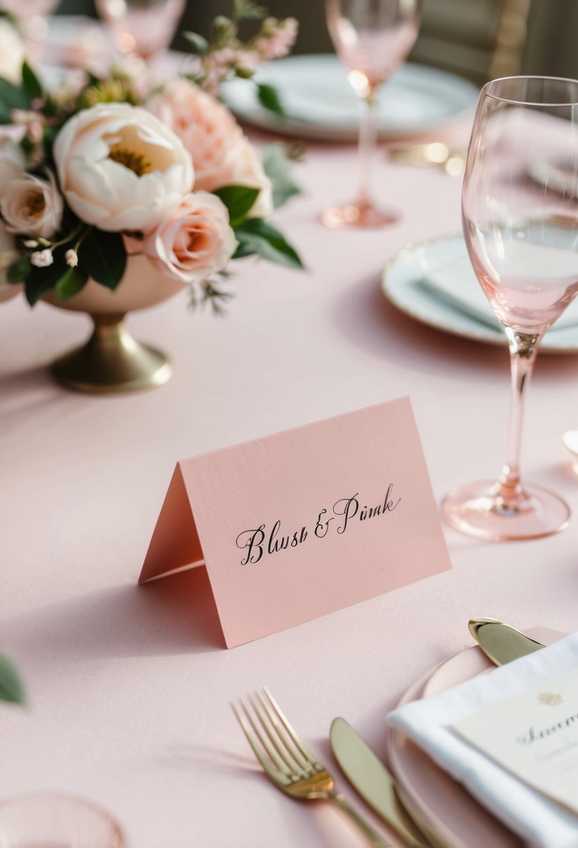 Blush pink place cards arranged on a light pink wedding table with delicate floral decorations