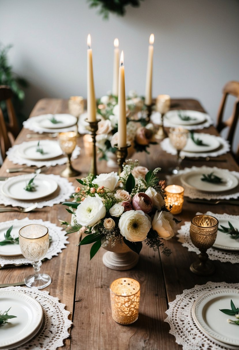 A rustic wooden table adorned with handmade floral centerpieces, lace doilies, and vintage candle holders