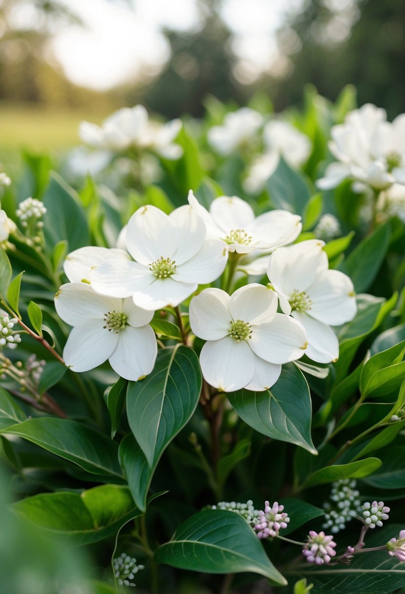 A delicate white dogwood bouquet surrounded by fresh greenery and accented with seasonal blooms