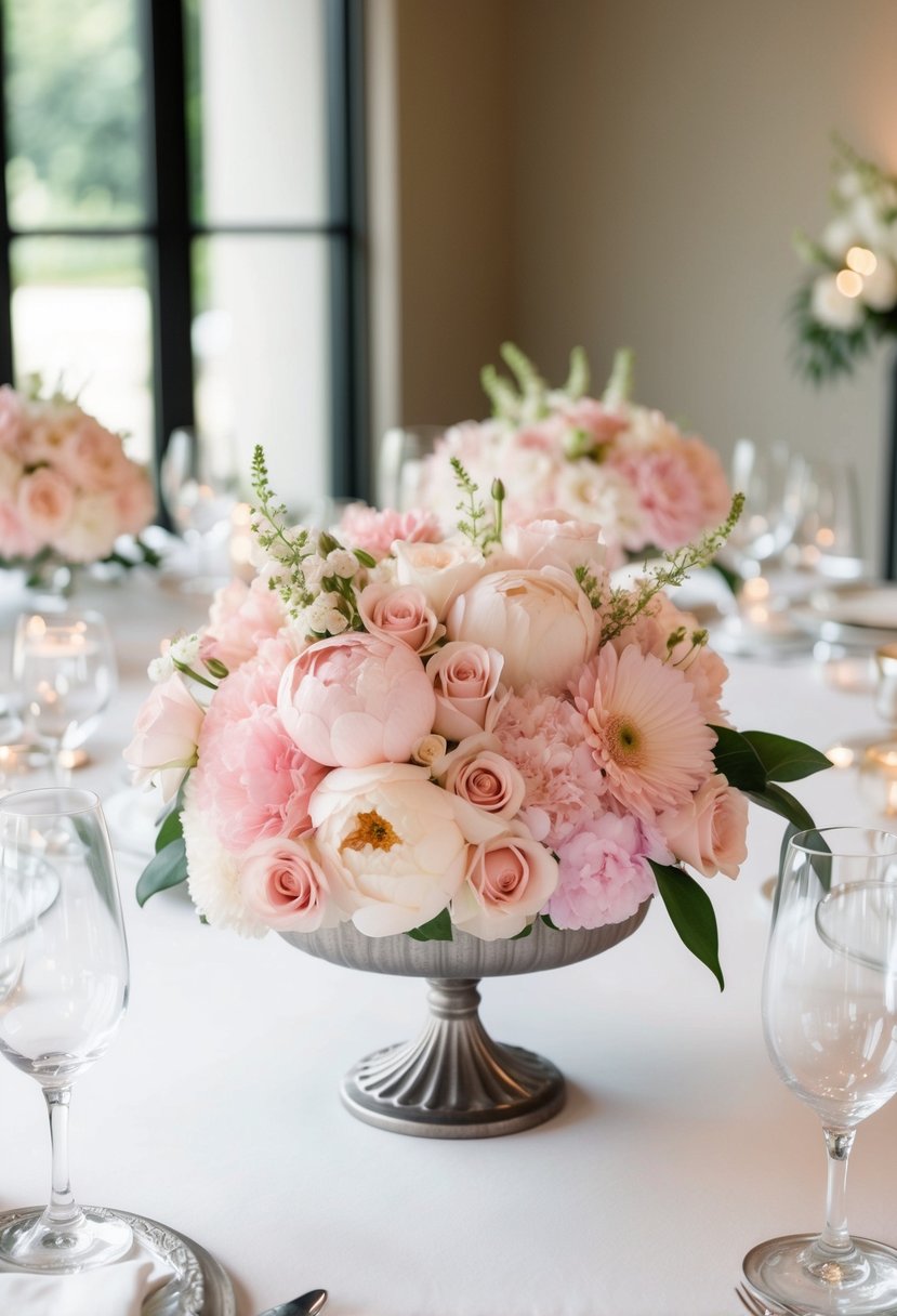 A table adorned with light pink ombre flower arrangements, creating a romantic and elegant wedding centerpiece