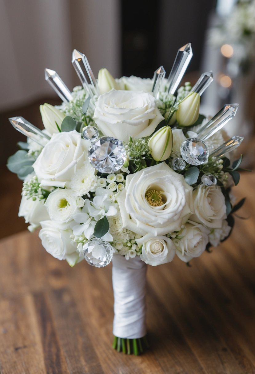 A white wedding bouquet with crystal-inspired elements, featuring elegant and unique floral arrangements