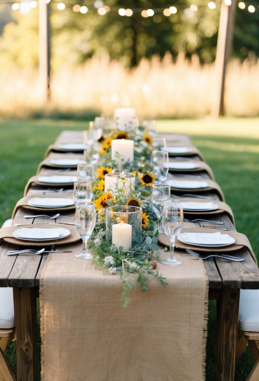 A rustic outdoor wedding table set with burlap table runners, adorned with wildflowers and candles