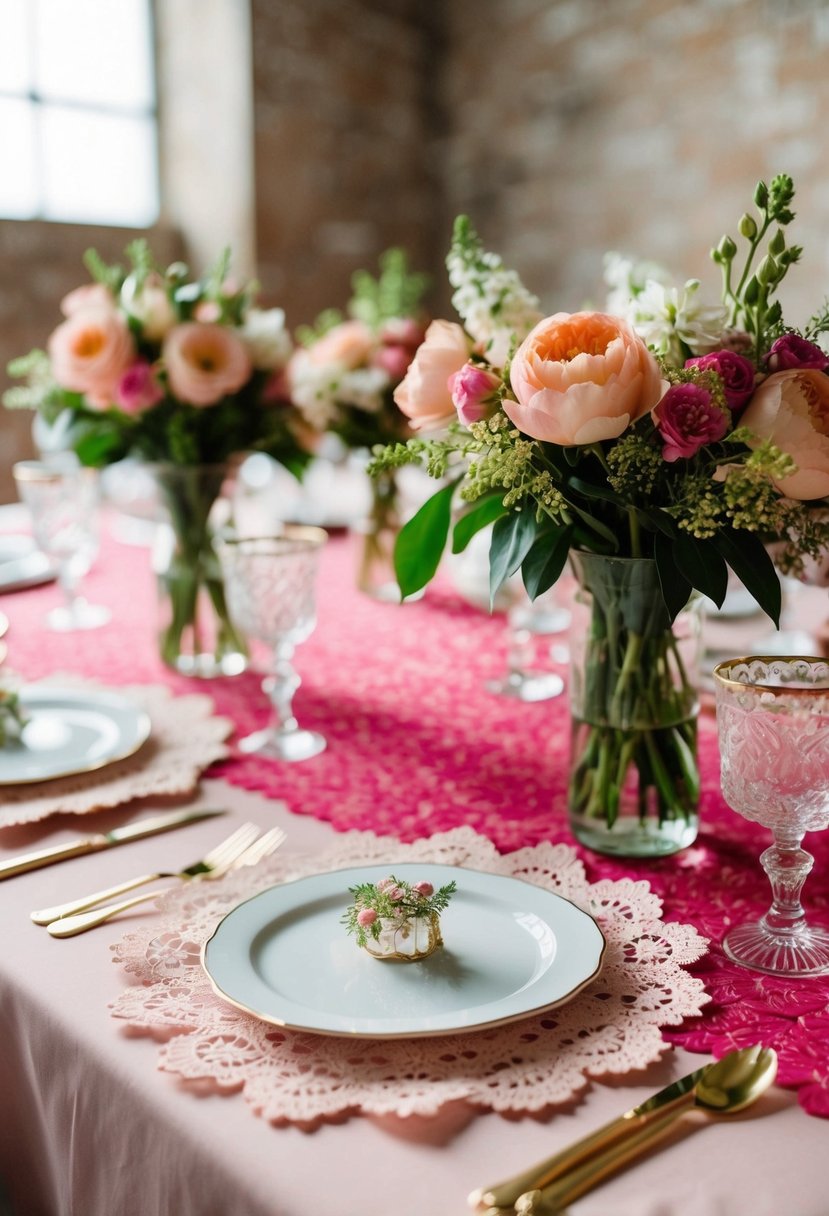 A table set with vintage pink lace doilies under floral centerpieces