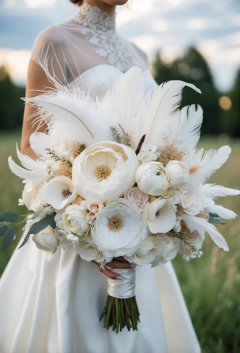 A white silk floral and feather wedding bouquet, with intricate details and unique fantasy elements, set against a dreamy backdrop