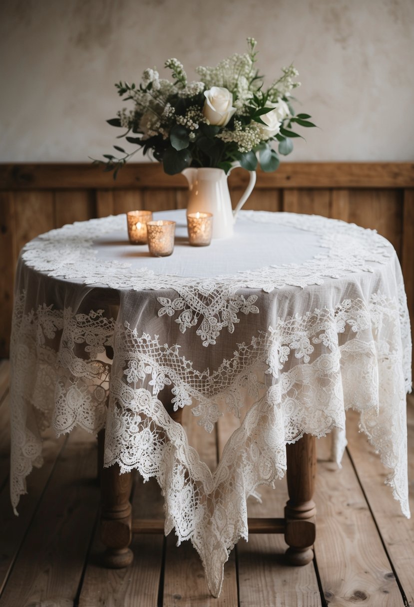 A rustic wooden table adorned with delicate vintage lace tablecloths, creating a romantic and elegant atmosphere for a handmade wedding decoration