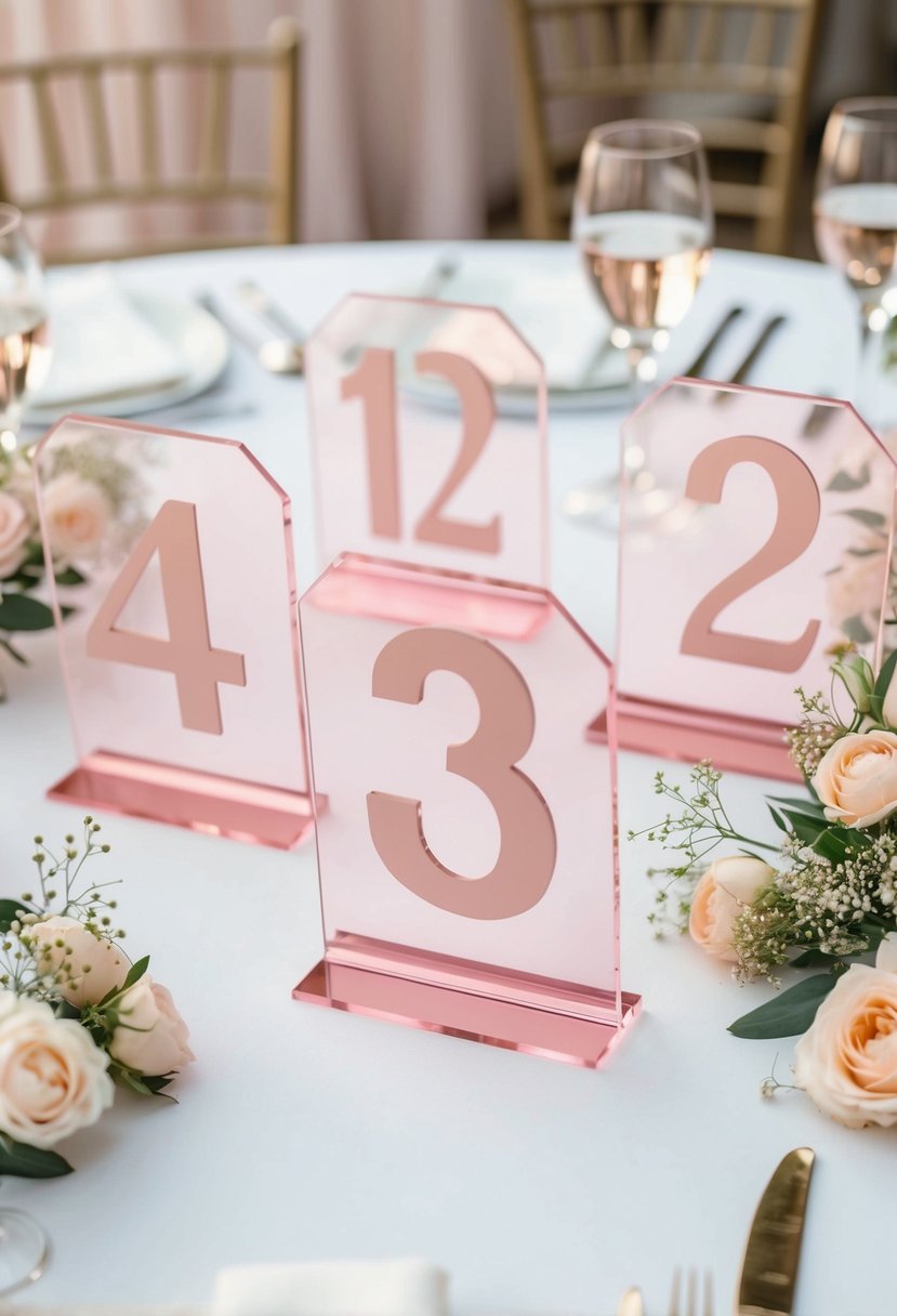 A set of light pink acrylic table numbers arranged on a white table with delicate floral decorations