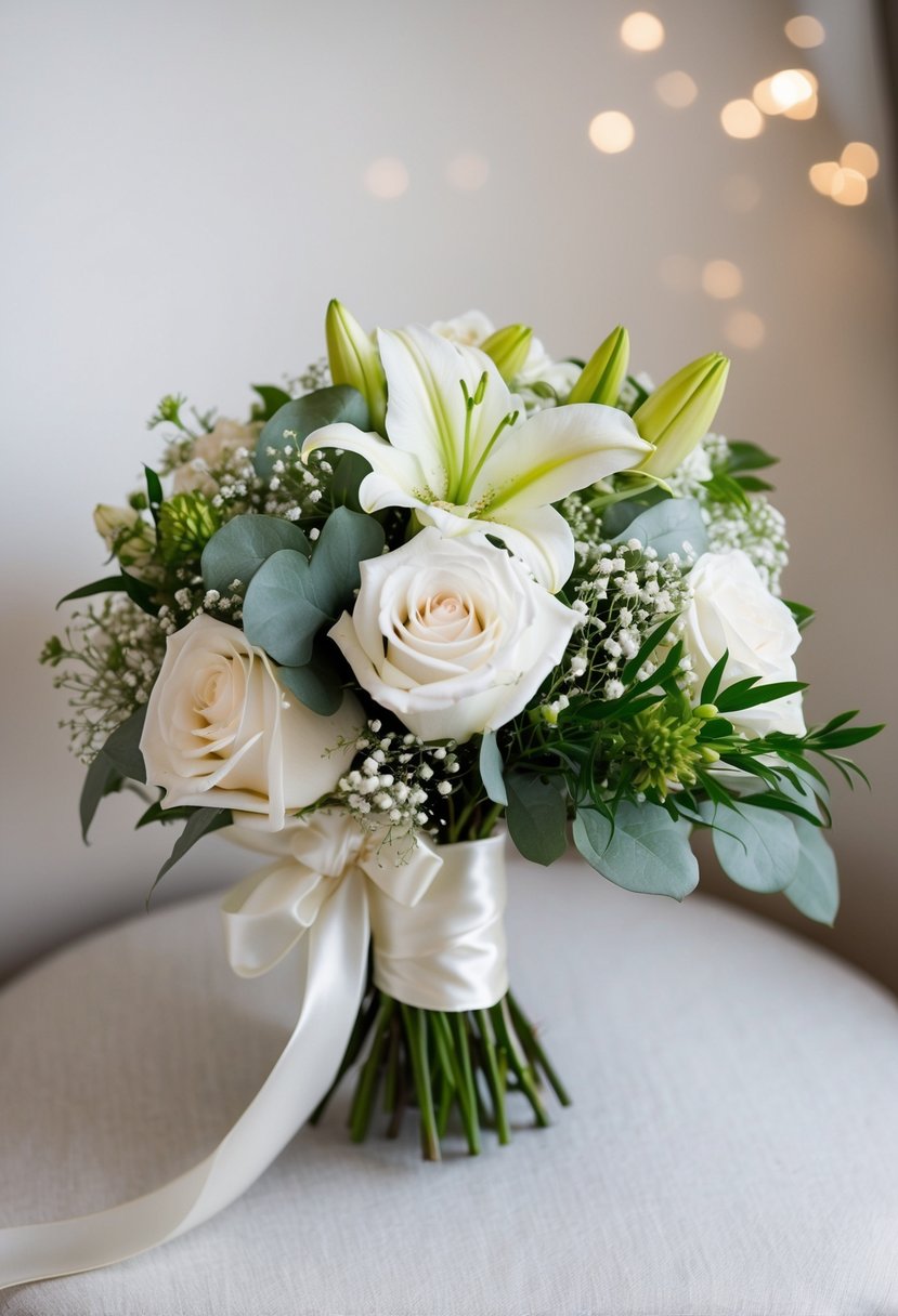 A delicate white wedding bouquet with roses, lilies, and baby's breath, accented with greenery and tied with a satin ribbon