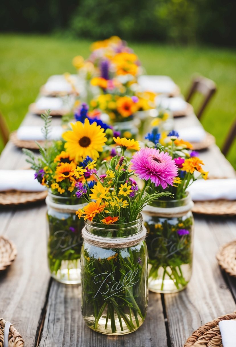 Mason jars filled with colorful wildflowers arranged on rustic wooden tables for a handmade wedding centerpiece