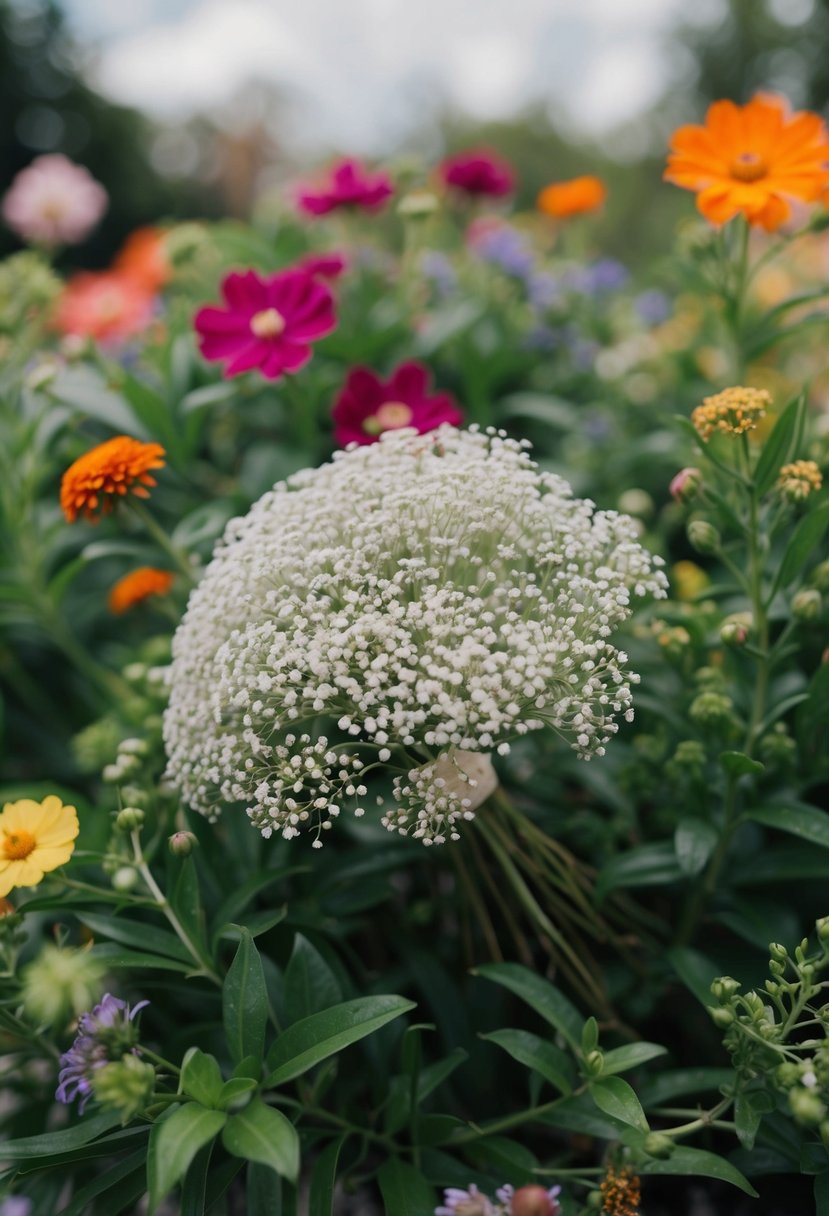 A delicate white baby's breath bouquet surrounded by lush greenery and colorful blooms, inspired by a blooming garden