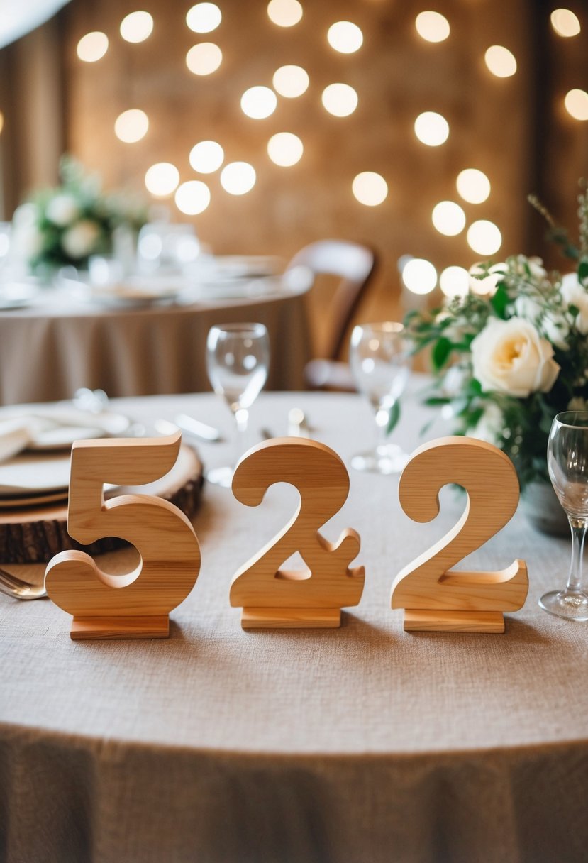 A set of handmade wooden table numbers arranged on a rustic table for a wedding decoration