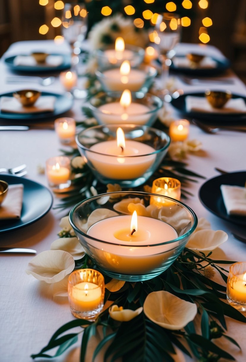 A table set with delicate floating candle centerpieces in glass bowls, surrounded by flower petals and twinkling fairy lights