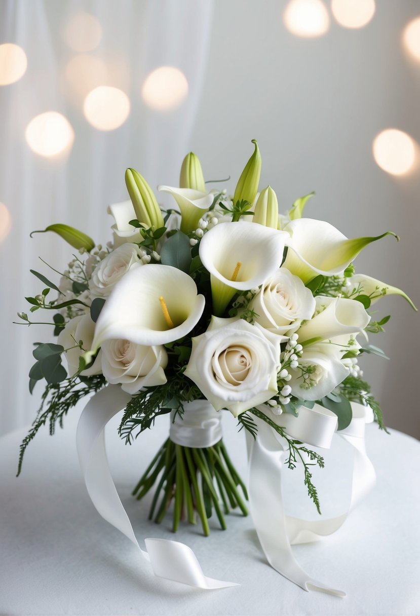 A white wedding bouquet featuring Lunaria and Calla Lilies, with delicate greenery and ribbon accents, set against a soft, dreamy background