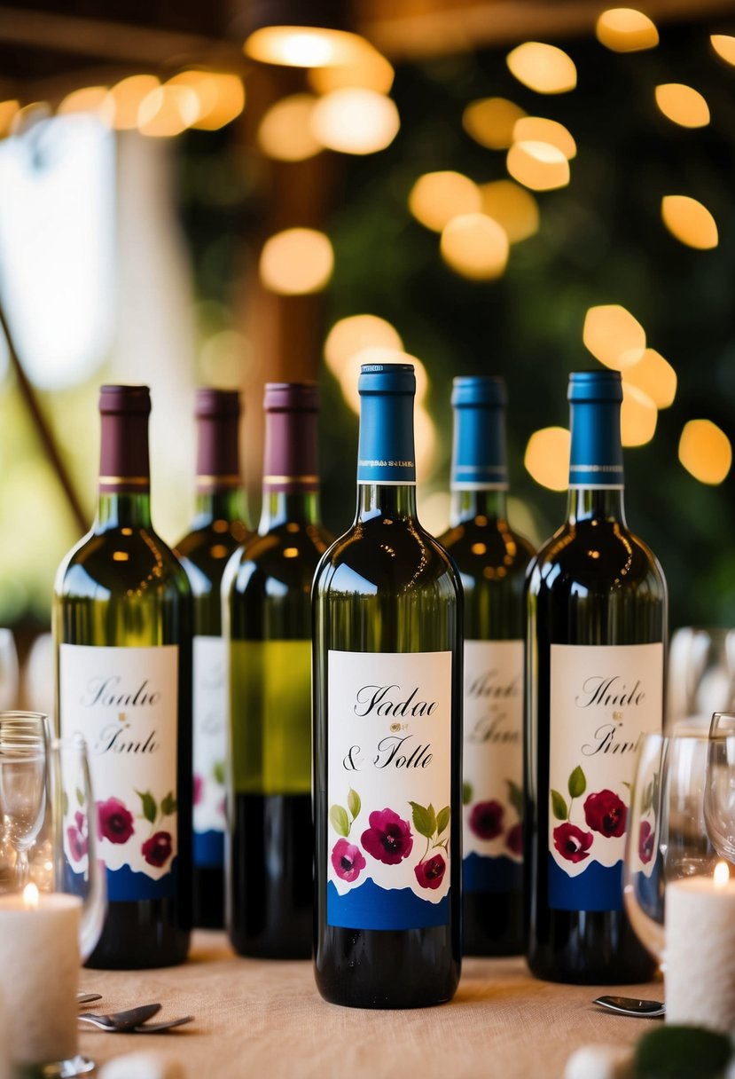 Hand-painted wine bottles arranged as wedding table decorations