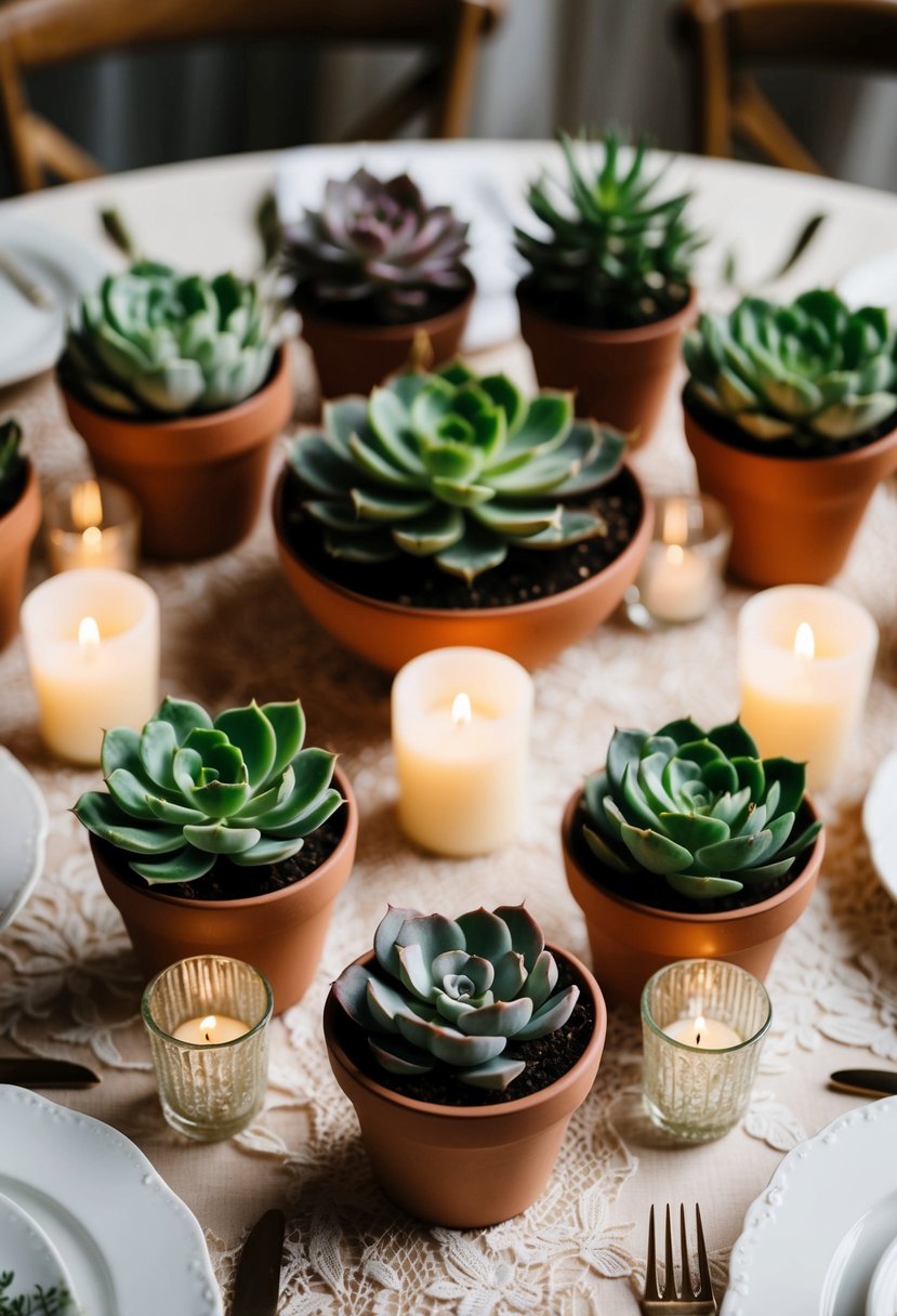 Several succulent pots arranged on a table, surrounded by delicate lace and candles, creating a charming and natural wedding centerpiece