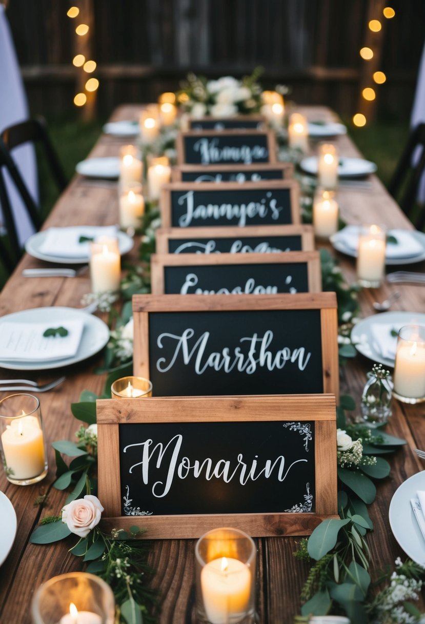 A rustic wooden table adorned with personalized chalkboard signs, surrounded by delicate floral arrangements and glowing candlelight