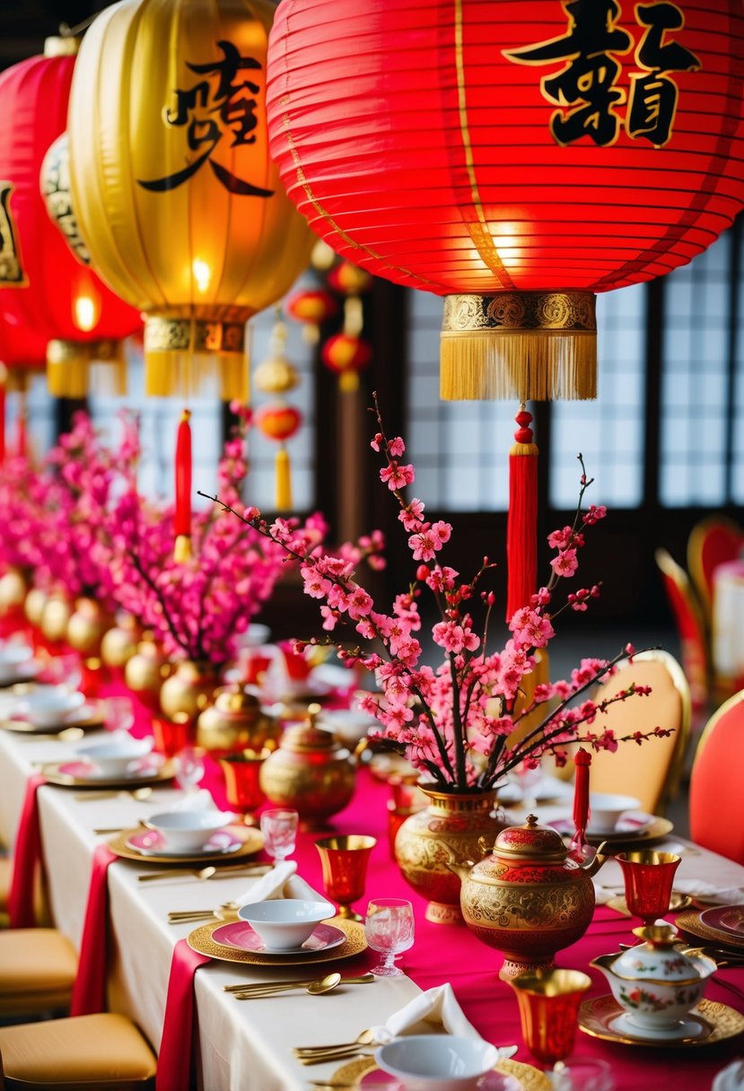 A vibrant array of traditional Asian wedding table decorations: red and gold lanterns, cherry blossom centerpieces, and delicate tea sets arranged on silk tablecloths