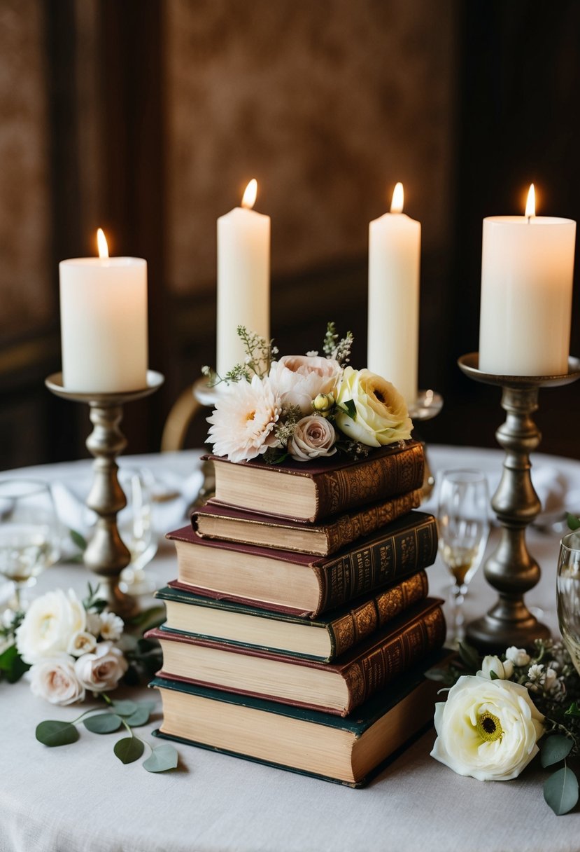 A rustic table with stacks of vintage books, adorned with delicate flowers and candles, creating a charming wedding decoration