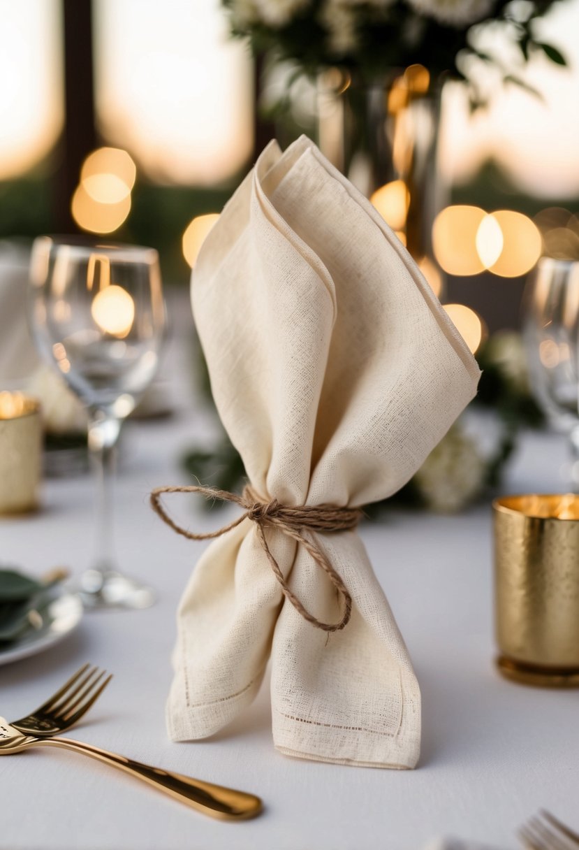 Handcrafted cloth napkins tied with twine on a wedding reception table