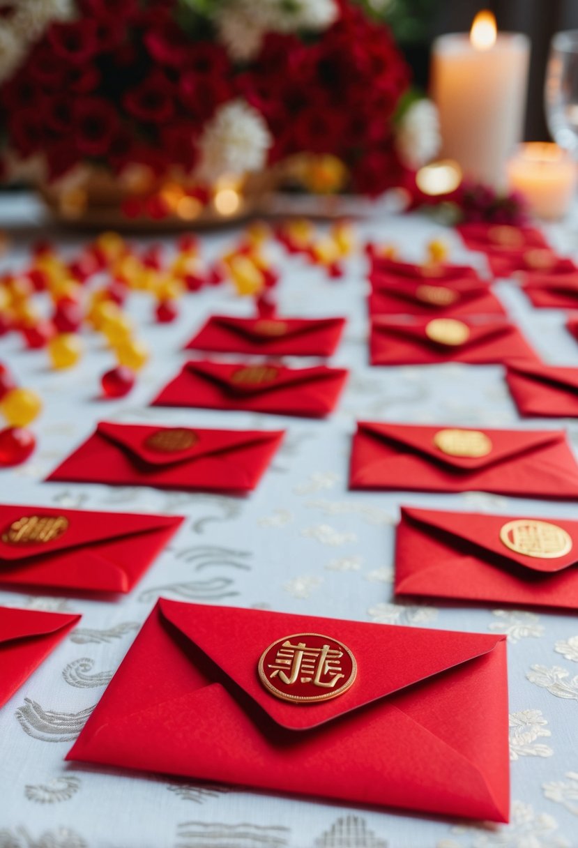 Red envelopes and Chinese candy arranged on a table as wedding decor