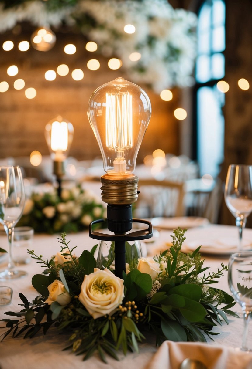 An Edison bulb table lamp illuminates a rustic wedding centerpiece with greenery and delicate florals