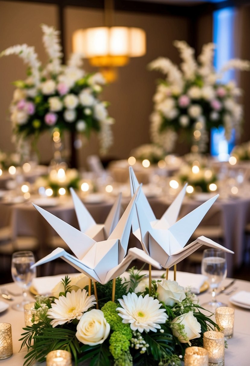 Origami cranes adorn elegant centerpieces at an Asian wedding, surrounded by delicate floral arrangements and traditional decor