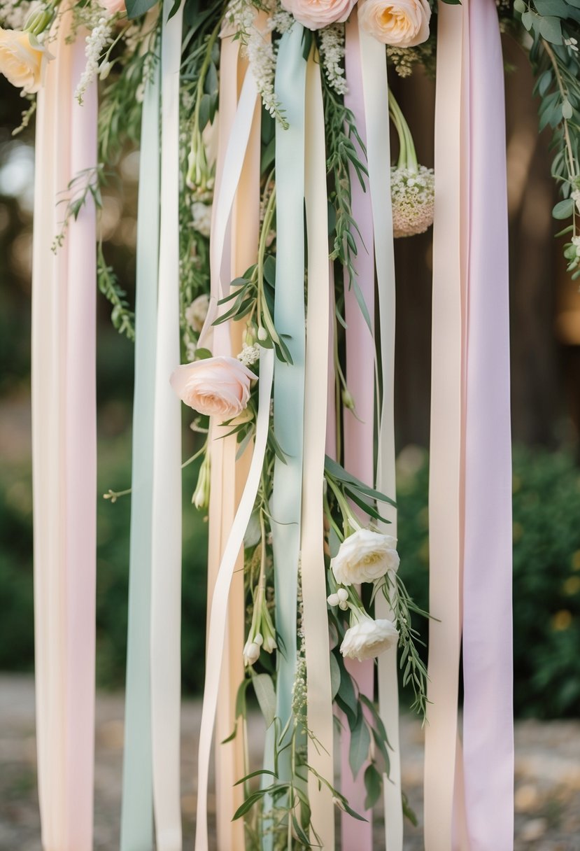 A cascading bouquet of long ribbons in pastel hues, intertwined with delicate greenery and blooming flowers, creating a whimsical and romantic wedding accessory