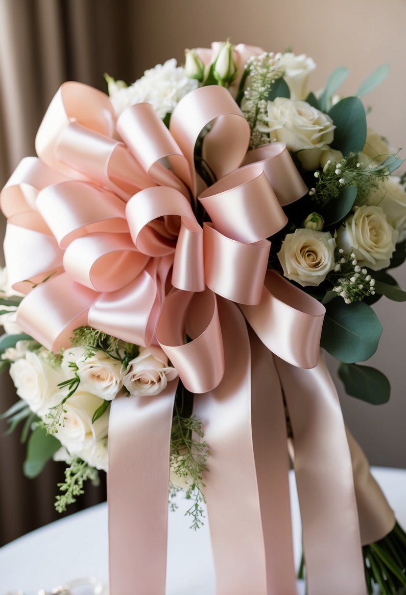 Silk ribbons in soft blush tones cascade from a wedding bouquet, creating a romantic and elegant display