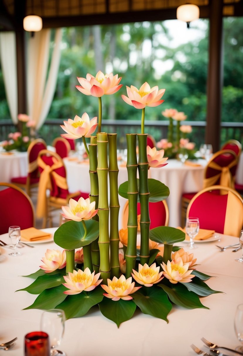 Bamboo and lotus flower arrangements adorn tables at an Asian wedding