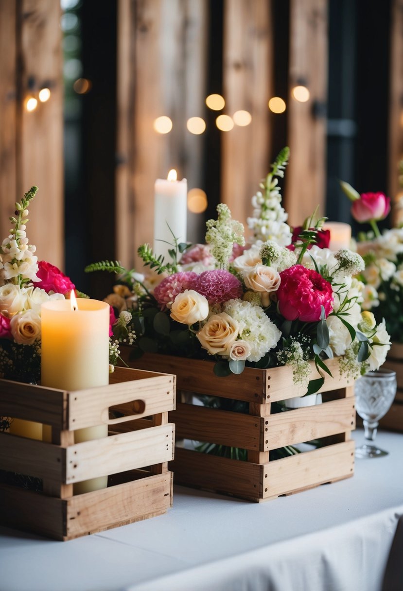 Handmade wooden crates filled with flowers and candles arranged as wedding table decorations