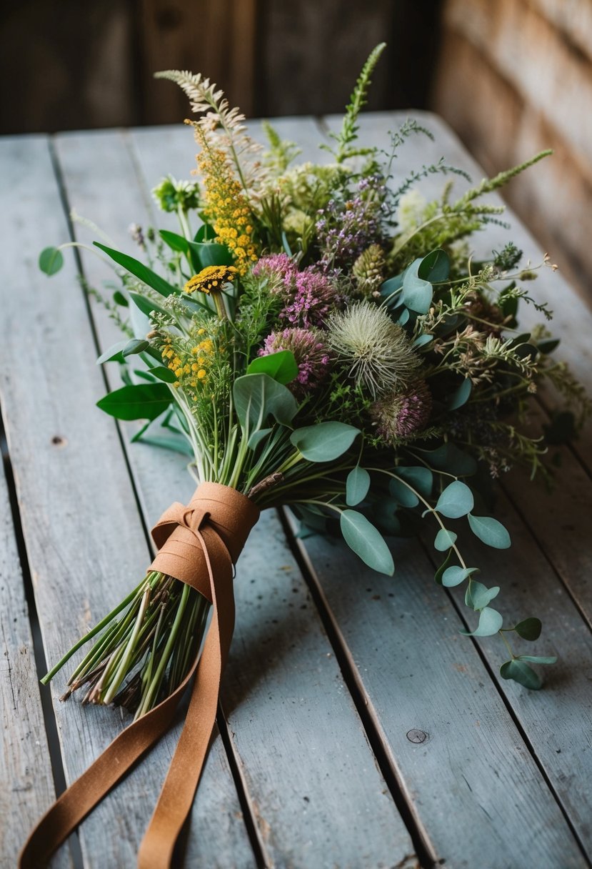 A rustic bouquet of wildflowers and greenery, tied with a long suede ribbon, sits on a weathered wooden table