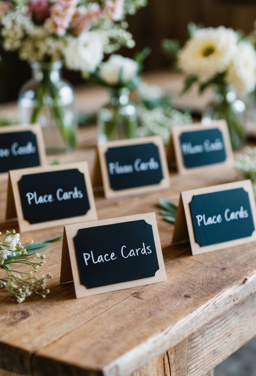 Mini chalkboard place cards arranged on a rustic wooden table with delicate floral decorations