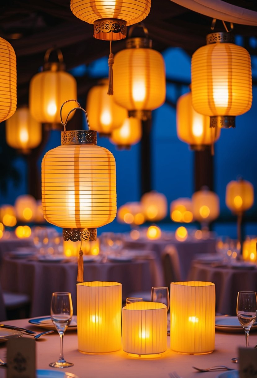 Lanterns with LED candles cast a warm glow over an elegant Asian wedding table