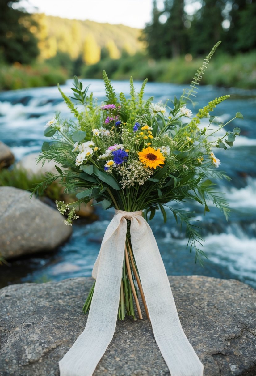 A bouquet of wildflowers and greenery tied with long, flowing linen ribbons, set against a backdrop of natural elements like trees and flowing water