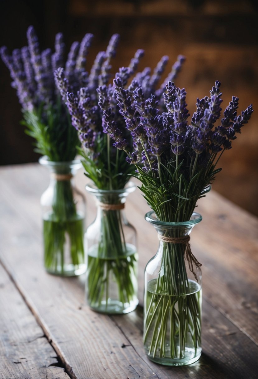 Hand-tied lavender bouquets arranged in glass vases on a rustic wooden table