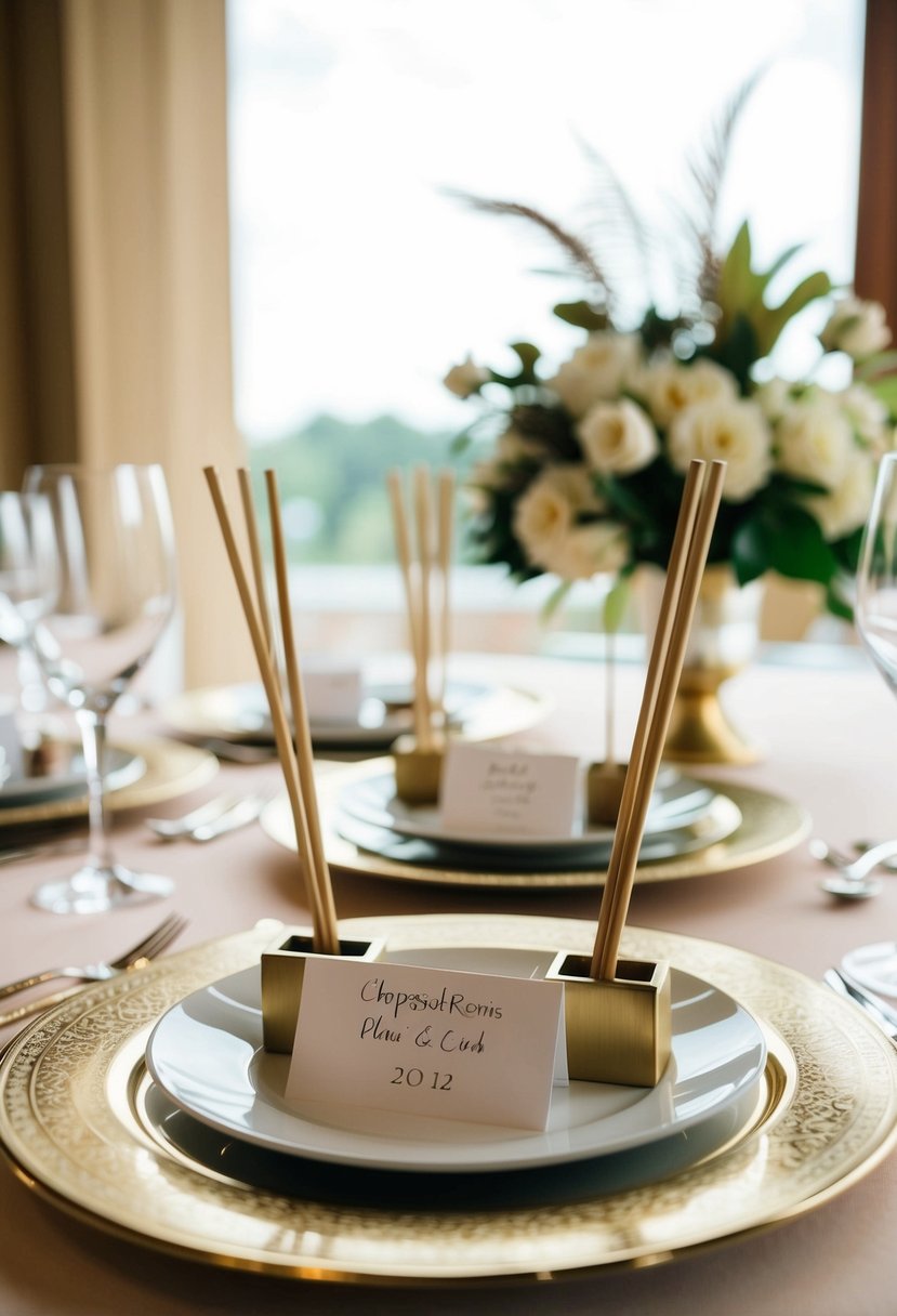 Chopstick rests hold place cards on a beautifully set wedding table, adorned with elegant Asian-inspired decorations